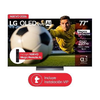 Vista frontal de TV LG 77” OLED evo AI C6 – Gran formato con inteligencia AI OLED77C6PSA